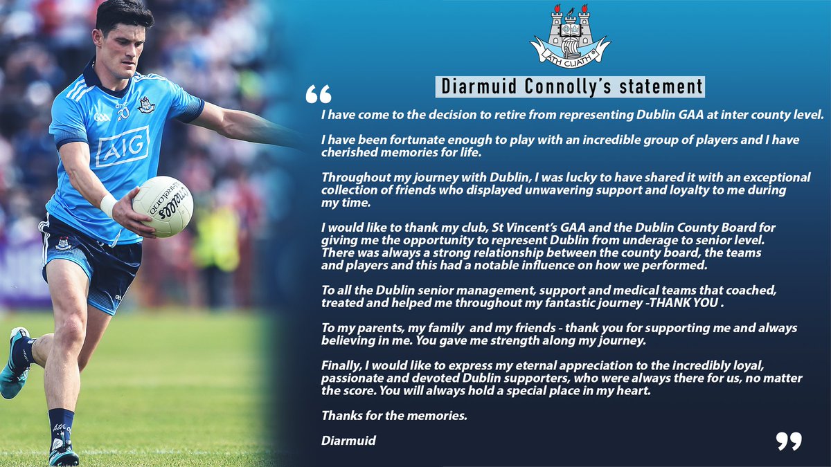 DubGAAOfficial's tweet photo. Diarmuid Connolly has this evening announced his retirement from inter-county football. 

Thanks for everything, @dermoc123 💙 https://t.co/9ocvRXh6zw