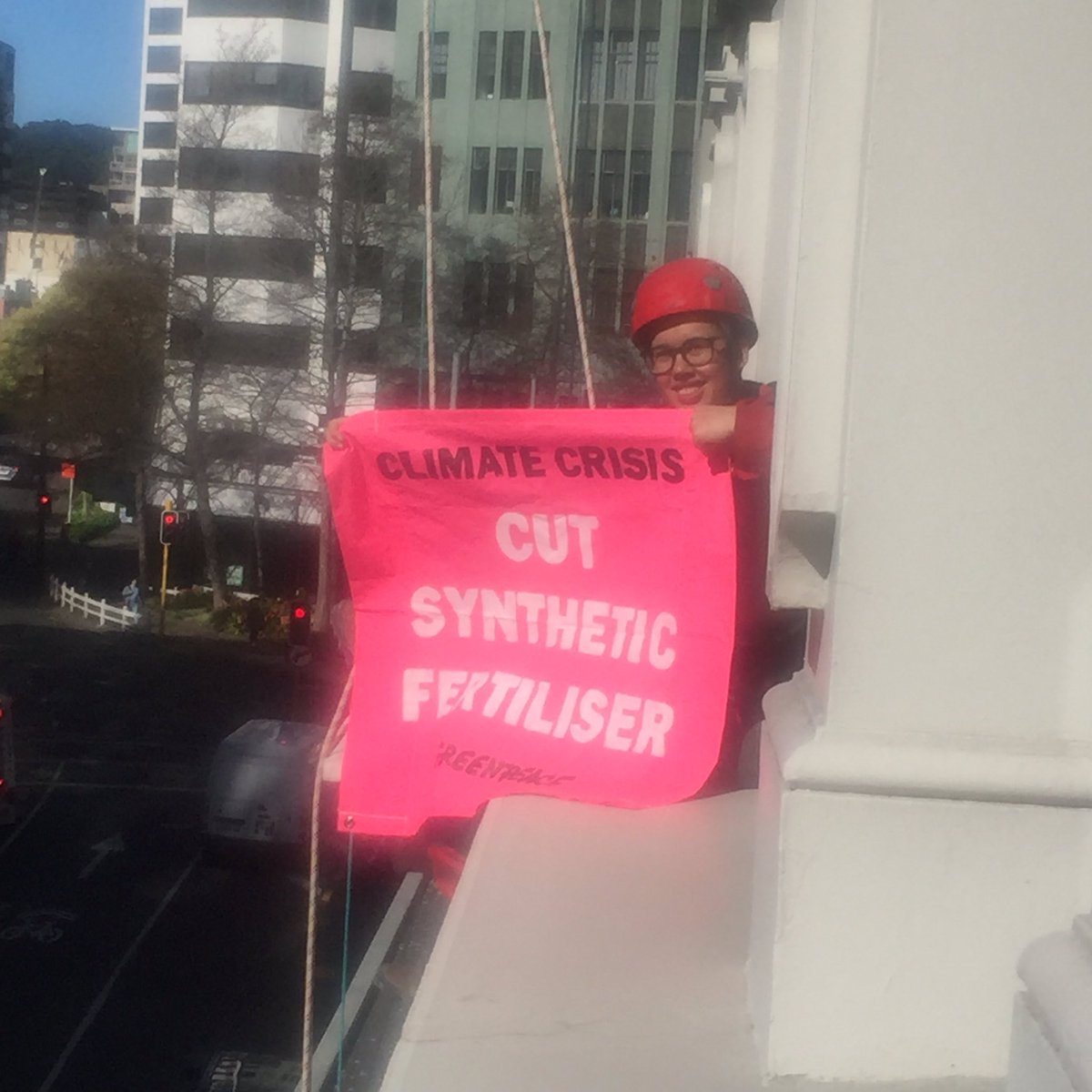 ecomanda's tweet photo. Just hanging w some friends in Wellington. Off the side of the Fertiliser Association building to be exact. We’re in a climate crisis and intensive dairy is our biggest climate polluter. Fertiliser is driving this crisis. The next government needs to phase it out stat. https://t.co/IUhlOFZbXQ