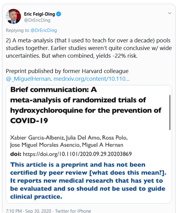 But nonetheless, here's a full-throated endorsement that HCQ might prevent covid-19 from a self-proclaimed expert on meta-analysis....