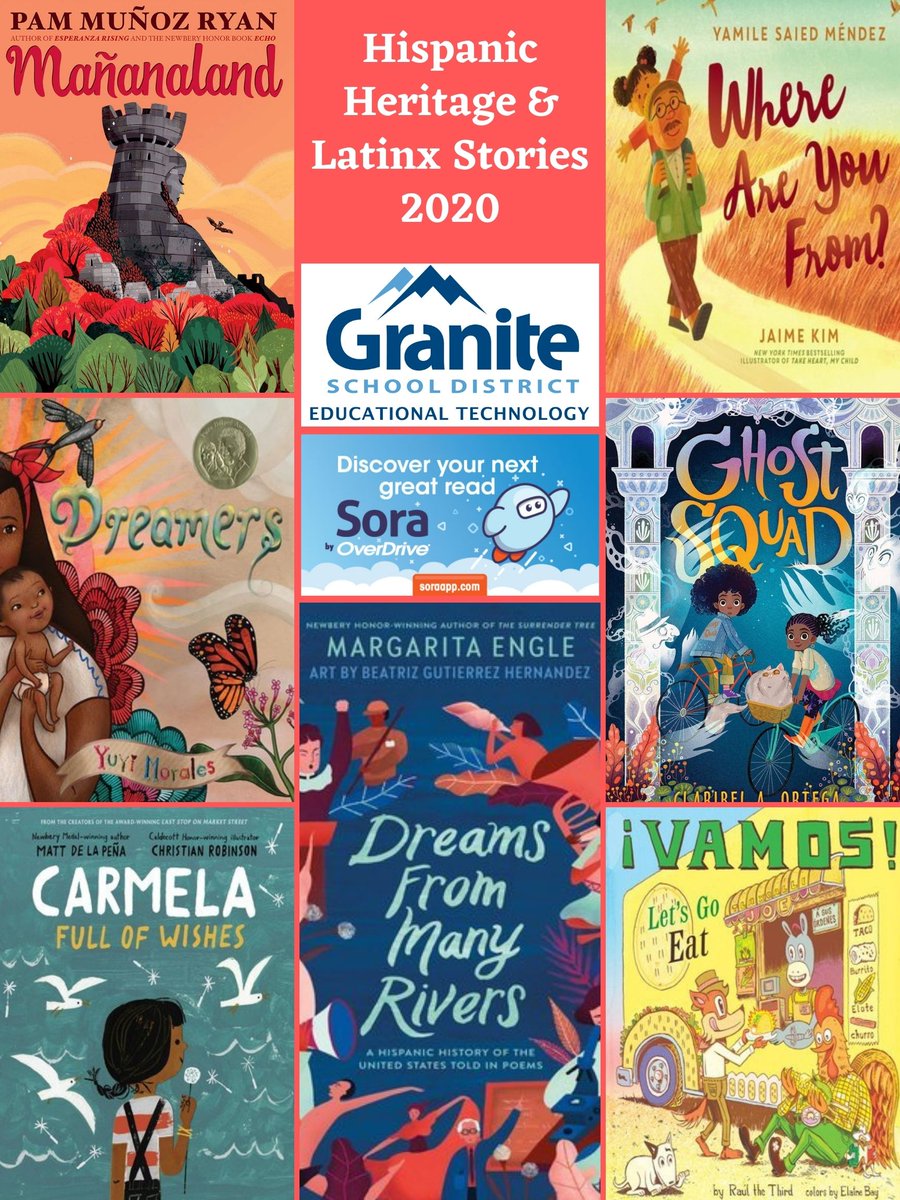 GraniteLibrary's tweet photo. We just updated our Hispanic Heritage &amp; Latinx Stories collection in Sora with new titles!

Browse and borrow from the collection: https://t.co/63XLYiyUZ5

Download or print posters: https://t.co/qVD6Vj3bLN

#GSDLibraries #GSDEdTech https://t.co/0nqG7D42Vj