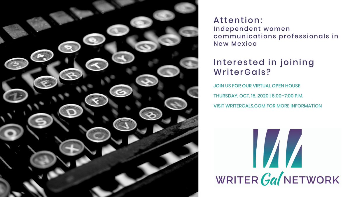 WriterGals's tweet image. Attn: Independent women communications professionals in NM. Interested in joining the WriterGal network? Join our virtual open house, Thurs., 10/15 at 6 pm. Visit writergals.com for more information or email writergalsnm@gmail.com. #writer #writerlife #Contentcreator