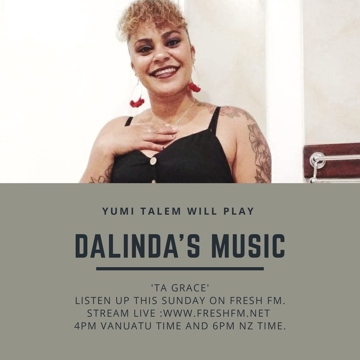 #Listen this Sunday to hear one of #Vanuatus top female vocalist Ms #Dalinda. Stream live in freshfm.net. 
So it's happening Sunday 4th October 2020. 
6pm NZ time and 4pm #Vanuatu time.
NO mestem!!