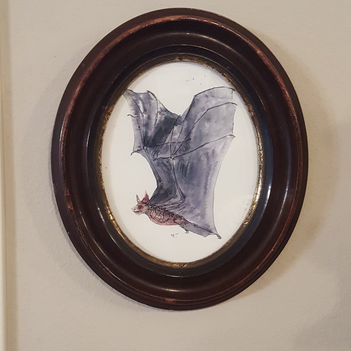 An antique frame I picked up ages ago. Finally got around to fixing up the back and hanging it up with some art, just in time for halloween!

#antiques #antiqueframe #bat #batdrawing #pictureframes #bones