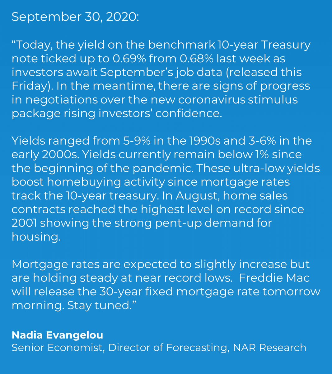 NAR_Research's tweet photo. "Mortgage rates are expected to slightly increase but are holding steady at near record lows. Stay tuned." https://t.co/IrafEnR1Lt