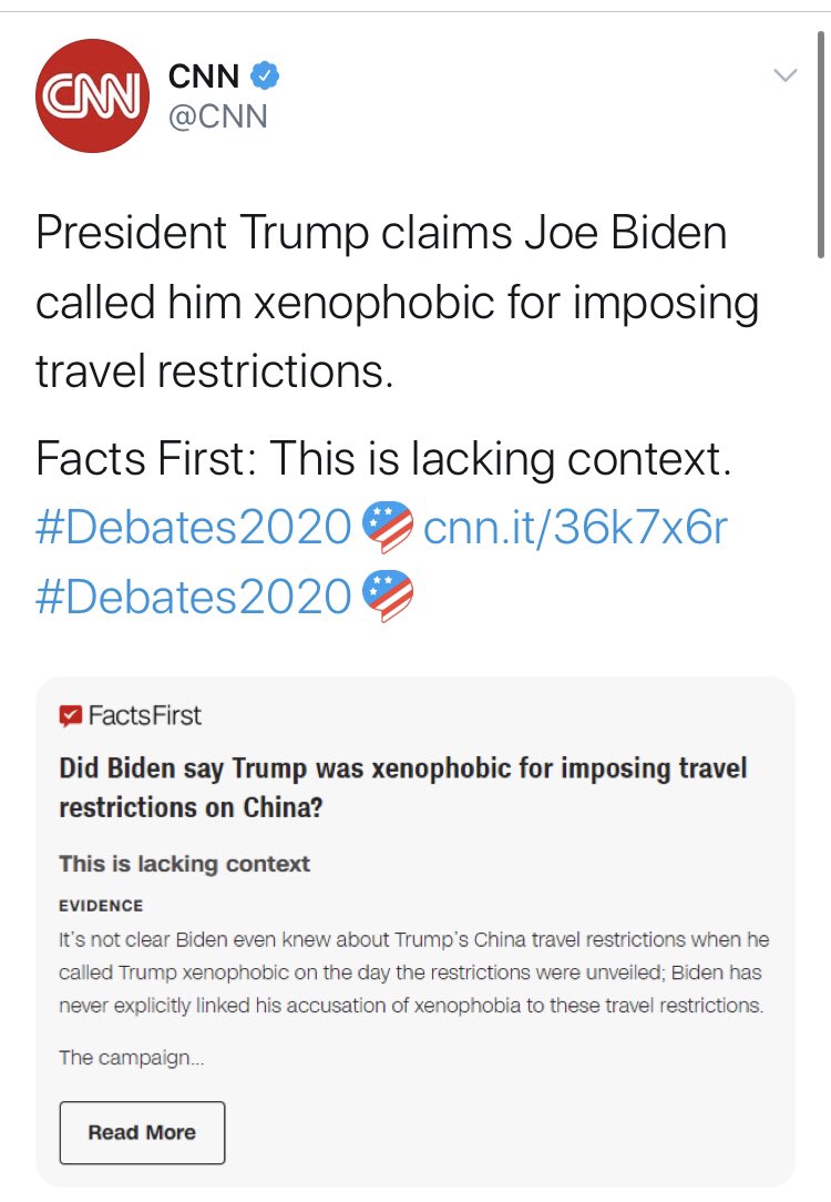 First, the “fact checks” that weren’t. 1. Trump xenophobia comment from BidenClaim: Biden called Trump xenophobic for his travel ban.Check: False from  @nytimes,  @washingtonpost &  @CNN Truth: Biden *replied* to a tweet from President Trump about the ban. This is cut & dry.