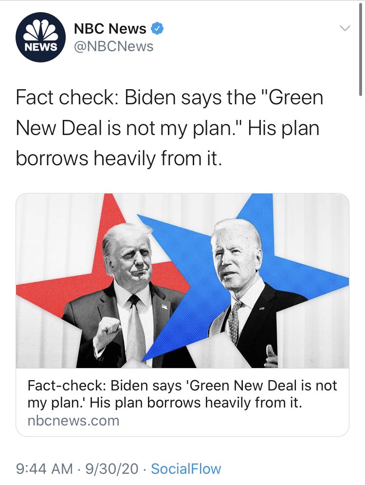 2. Biden & the Green New DealClaim: Trump alleged that Biden supports the GNDCheck: False from  @washingtonpostTruth: Biden’s own website endorses the plan, as  @guypbenson & others point out, and it pulls heavily from the GND (as  @abcnews’s fact check makes clear).