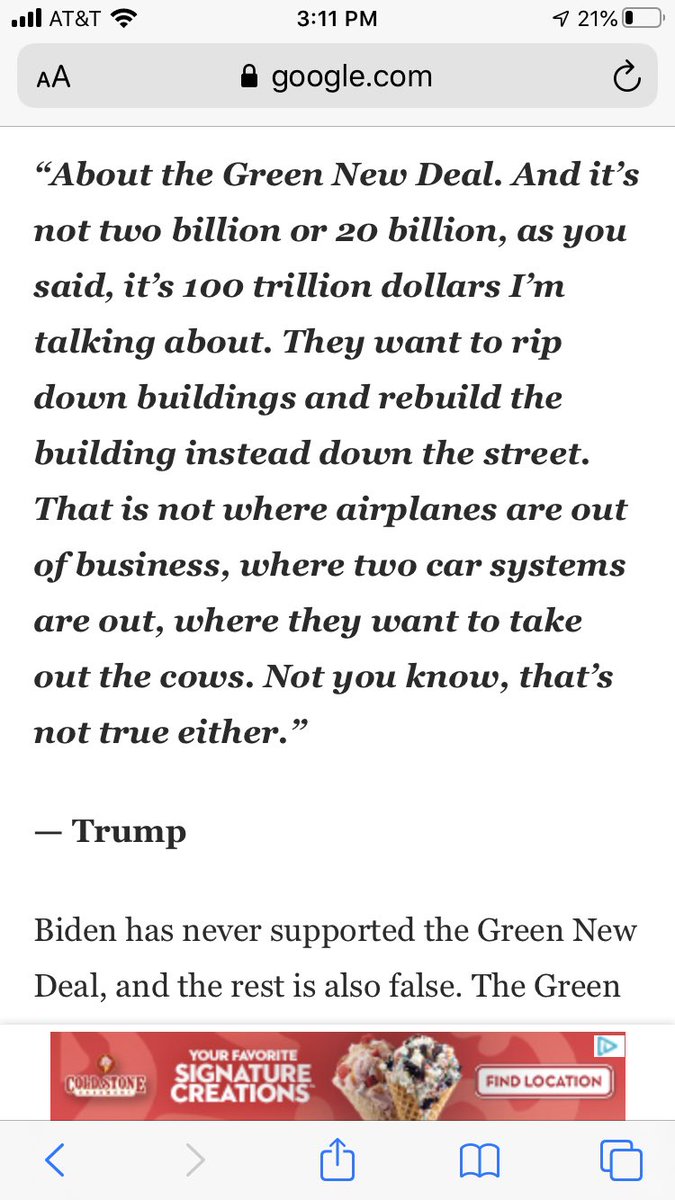 2. Biden & the Green New DealClaim: Trump alleged that Biden supports the GNDCheck: False from  @washingtonpostTruth: Biden’s own website endorses the plan, as  @guypbenson & others point out, and it pulls heavily from the GND (as  @abcnews’s fact check makes clear).