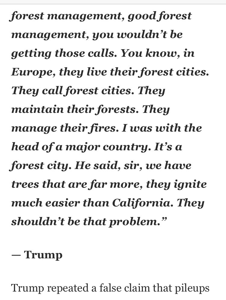 3. Trump & forest managementClaim: Trump said forest management is helping drive wildfires in CA & beyond.Check: False by  @washingtonpost Truth: As  @NPR & others have pointed out, a lack of good forest management is a major contributing factor to the fires.