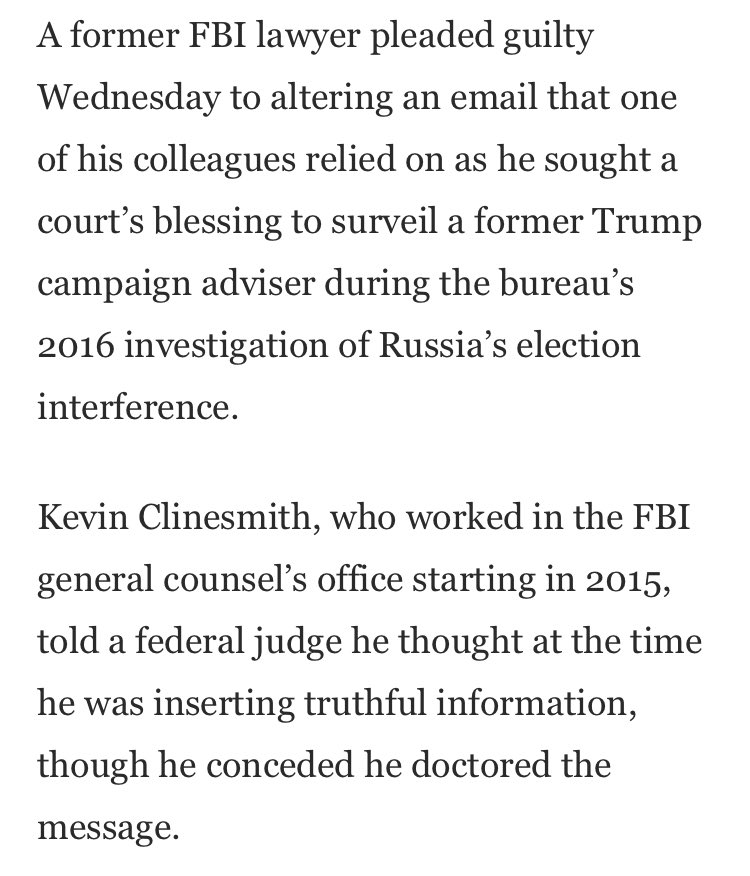 4. Spying on the Trump campaignClaim: Trump’s campaign was spied on in 2016.Check: False by  @CNNTruth: Despite the consistent framing of ‘Spygate’ as a “conspiracy,” an FBI agent pleaded guilty to forging documents to spy on the Trump campaign.