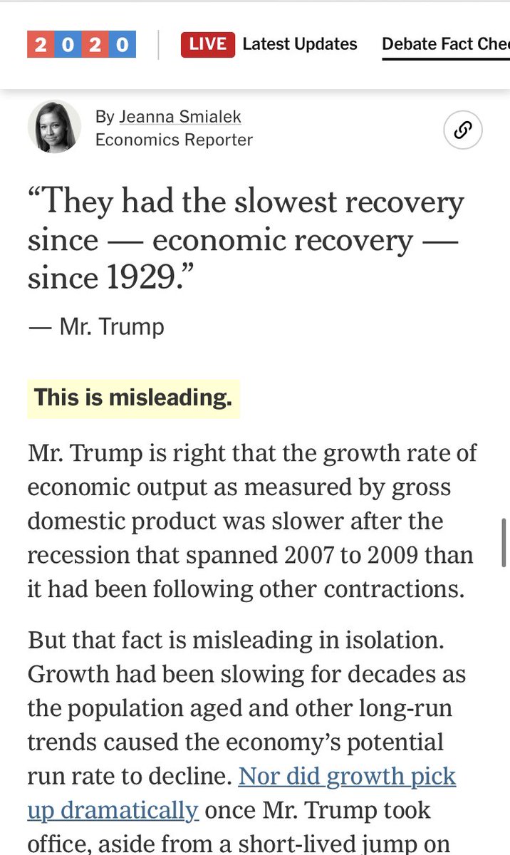 6. Slowest economic recoveryClaim: The economic recovery under Obama/Biden was the slowest in American history.Check: ‘Misleading’ by  @nytimes Truth: This is just bizarre. NYT even confirms that the recovery was, statistically, the slowest, then tried to muddy the waters.