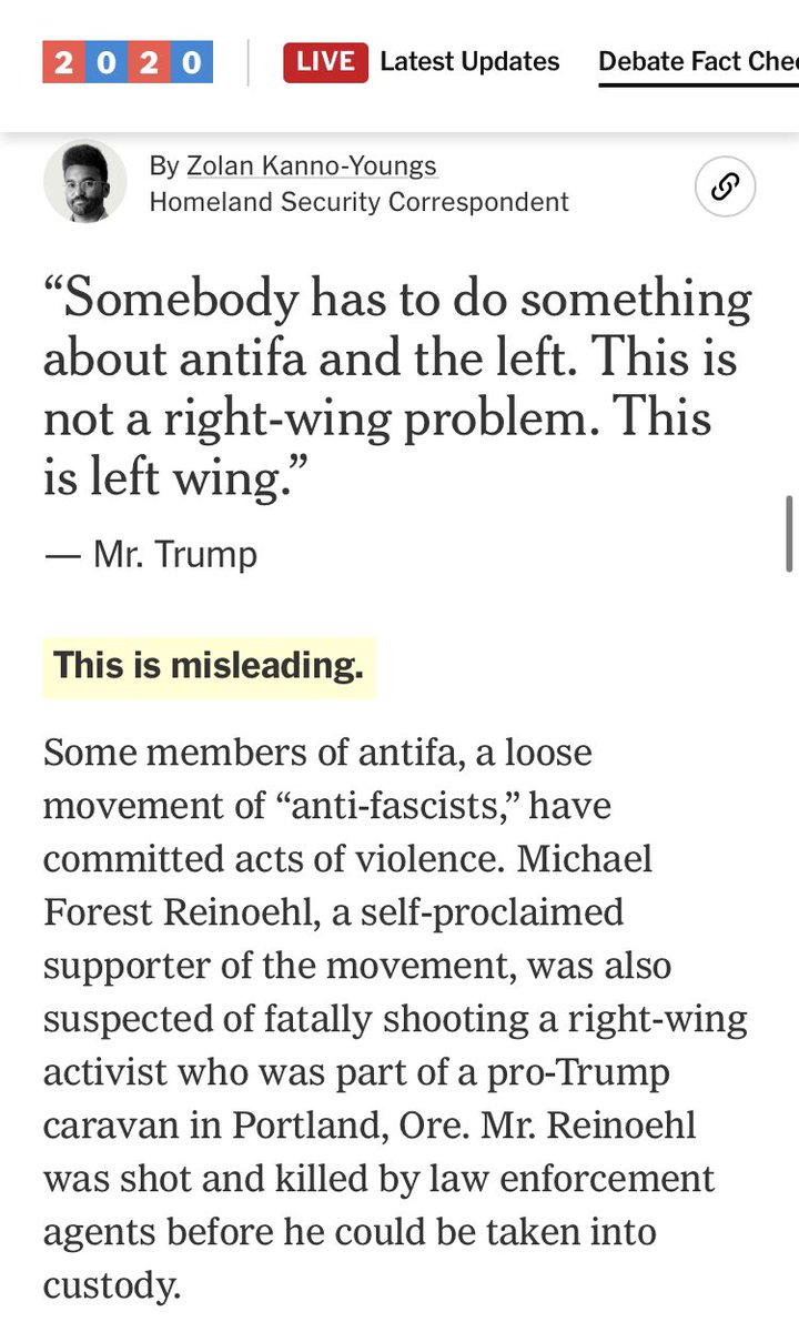 7. No left-wing violenceClaim: Trump alleged that violent riots are driven by left-wing groups, such as Antifa.Check: “Misleading” by  @nytimesTruth: Beyond the obvious images and video of Antifa et al, recent research also makes Trump’s point clear:  https://ncri.io/reports/network-enabled-anarchy/