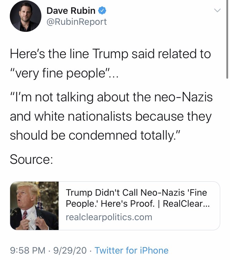 3. The ‘both sides’ slanderBiden & Wallace alleged that Trump called white supremacists “very fine people” in Charlottesville.As has been pointed out repeatedly by RCP,  @RubinReport & others, this isn’t true. Trump immediately went on to condemn white supremacists by name.