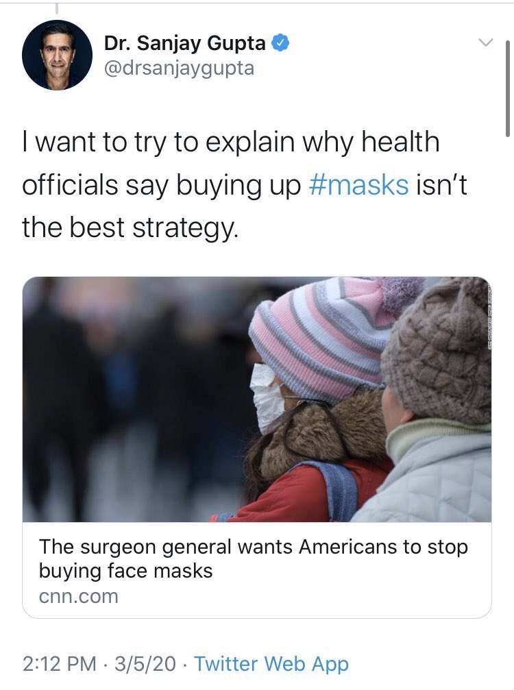 6. Efficacy of masksI’ve had to repeat myself, over and over, on this one. Biden alleged that Trump didn’t do enough early on to support mask wearing.The reality is that we had no idea whether masks would help. Here’s  @CNN in March.  @drsanjaygupta even did a thread.