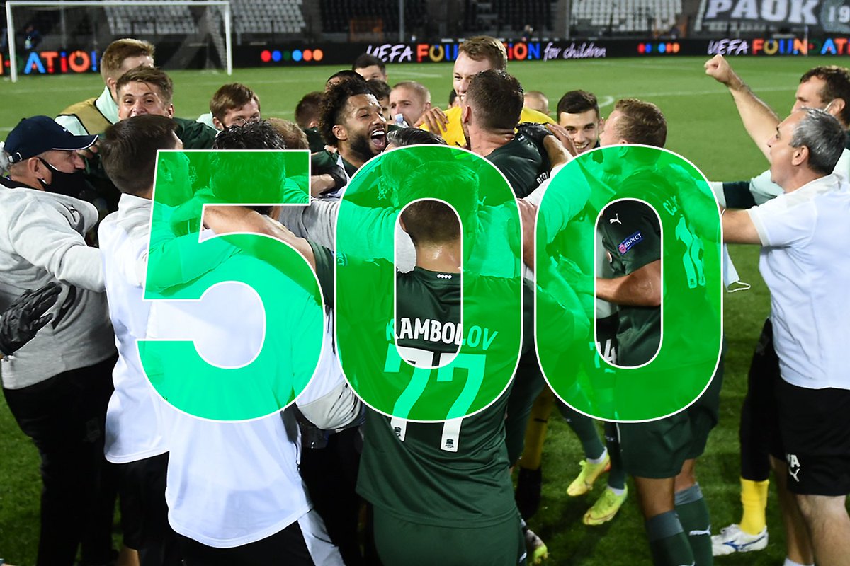 FCKrasnodar's tweet photo. Поединок в Салониках стал 5️⃣0️⃣0️⃣ официальным матчем «Краснодара» за всю историю 😎

И мы впервые в истории пробились в групповой этап #ЛЧ 🙌

Поздравляем и вас, друзья, и говорим спасибо за поддержку и веру в команду 🖤💚

#ПАОККраснодар #БыкиВЕвропе #ЛЧ #СПобедой #ВпередБыки https://t.co/NXHB1a7mtN