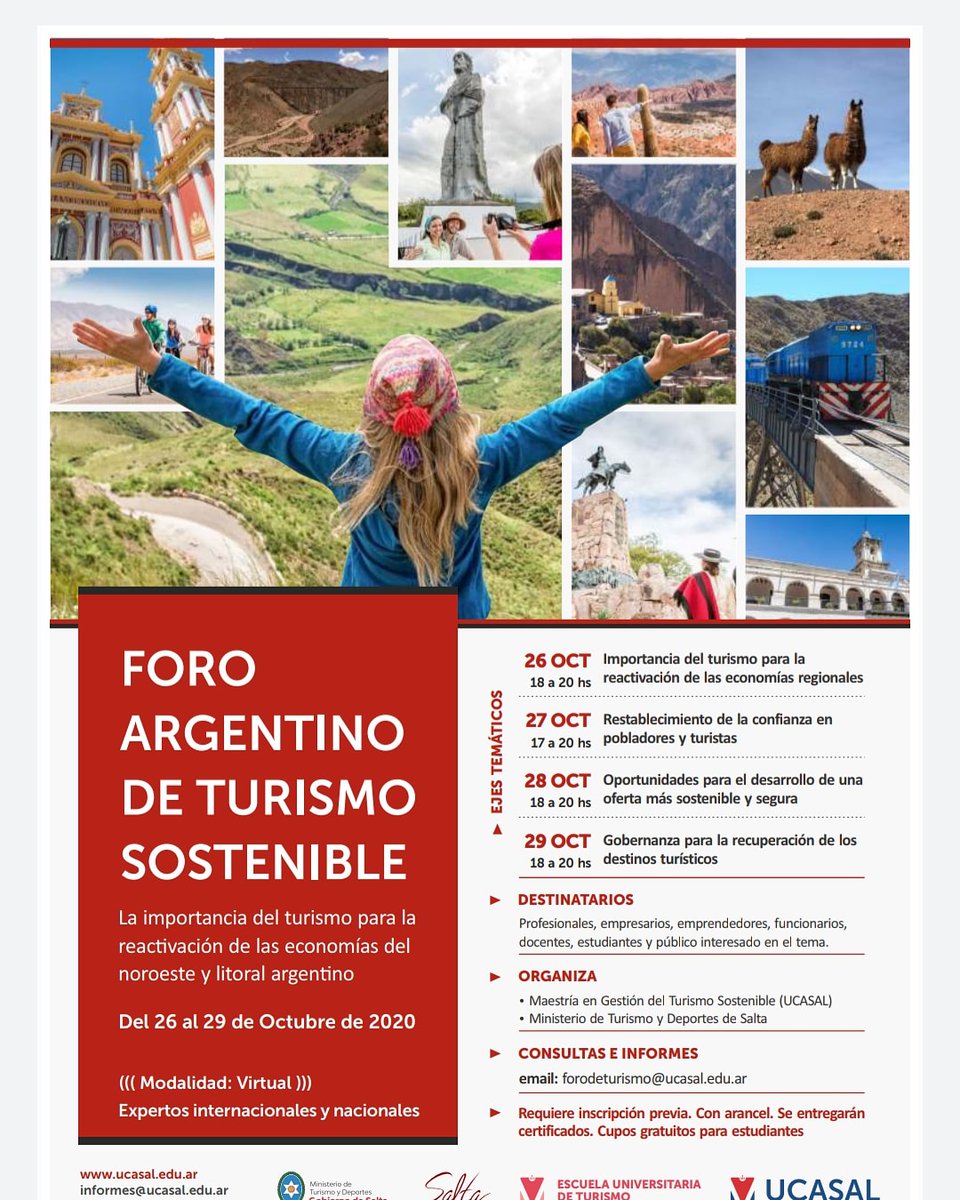 Foro Argentino de Turismo Sostenible. Del 26 al 29 de octubre. 
Compartiremos conferencias magistrales y paneles con expertos. 
Ingresá a: ucasal.edu.ar/landing/foro_a…