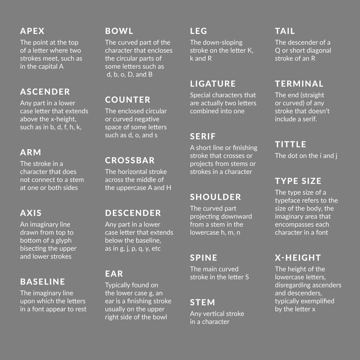 McGrath_McKenna's tweet photo. Believe it or not, there are names for all the parts of a letter. Check out this handy graphic to learn about the anatomy of typography!
#design #packaging #graphicdesign #designfirm #branding #denver #womenowned #wbenc #packagedesign #mcandmc #logo #printdesign #designgroup https://t.co/KdYb1gIQdN