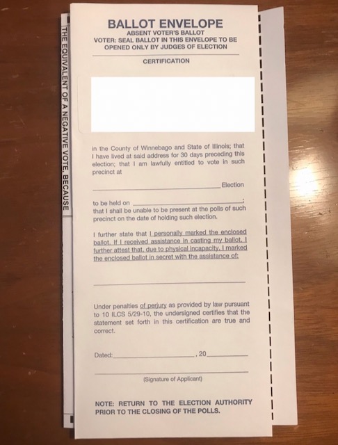 owensml's tweet photo. My #VoteByMail ballot arrived and the #UX journey continues.

1. Why fold the ballot wider than the envelope?
2. Why make me fill in which election this is for? (I assume "General" but that's not intuitive!)
3. Why must I say I'm "unable to be present" when IL allows no excuse? https://t.co/QUQD0oEO3e