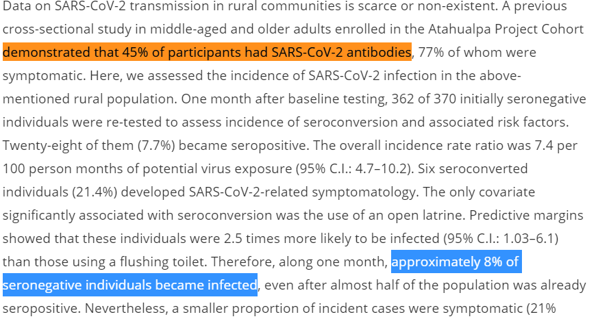 Re: ""SARS-CoV-2-related mortality in a rural Latin American population"Atahualpa (update):~48%"Late incidence of SARS-CoV-2 infection in a highly-endemic remote rural village. A prospective population-based cohort study" https://www.tandfonline.com/doi/full/10.1080/20477724.2020.1826152