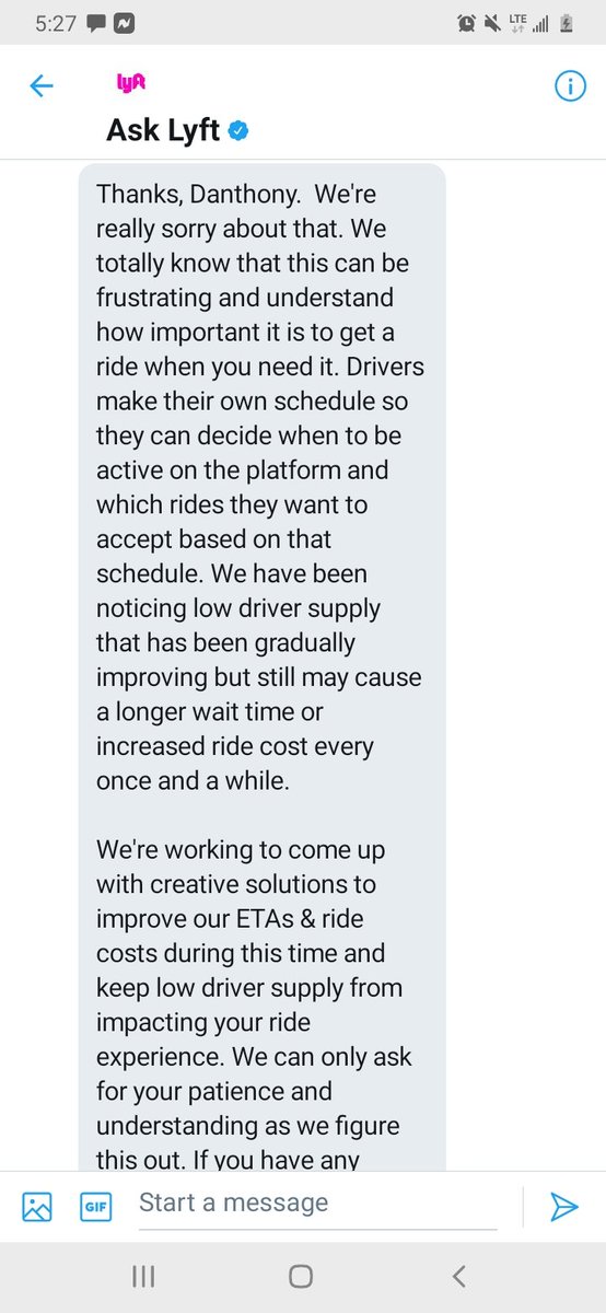 WOW THIS IS ALL YALL CAN SAY AND DO!! COPORATE JARGON TO SAY THAT THEIR IS NOTHING THAT YOU CAN DO OR THAT  YOU DONT CARE TO DO!! HIRE MORE DRIVERS AND OFFER BETTER INCENTIVES!! RIDICULOUS!! <a href="/LYFT/">Lyft</a>