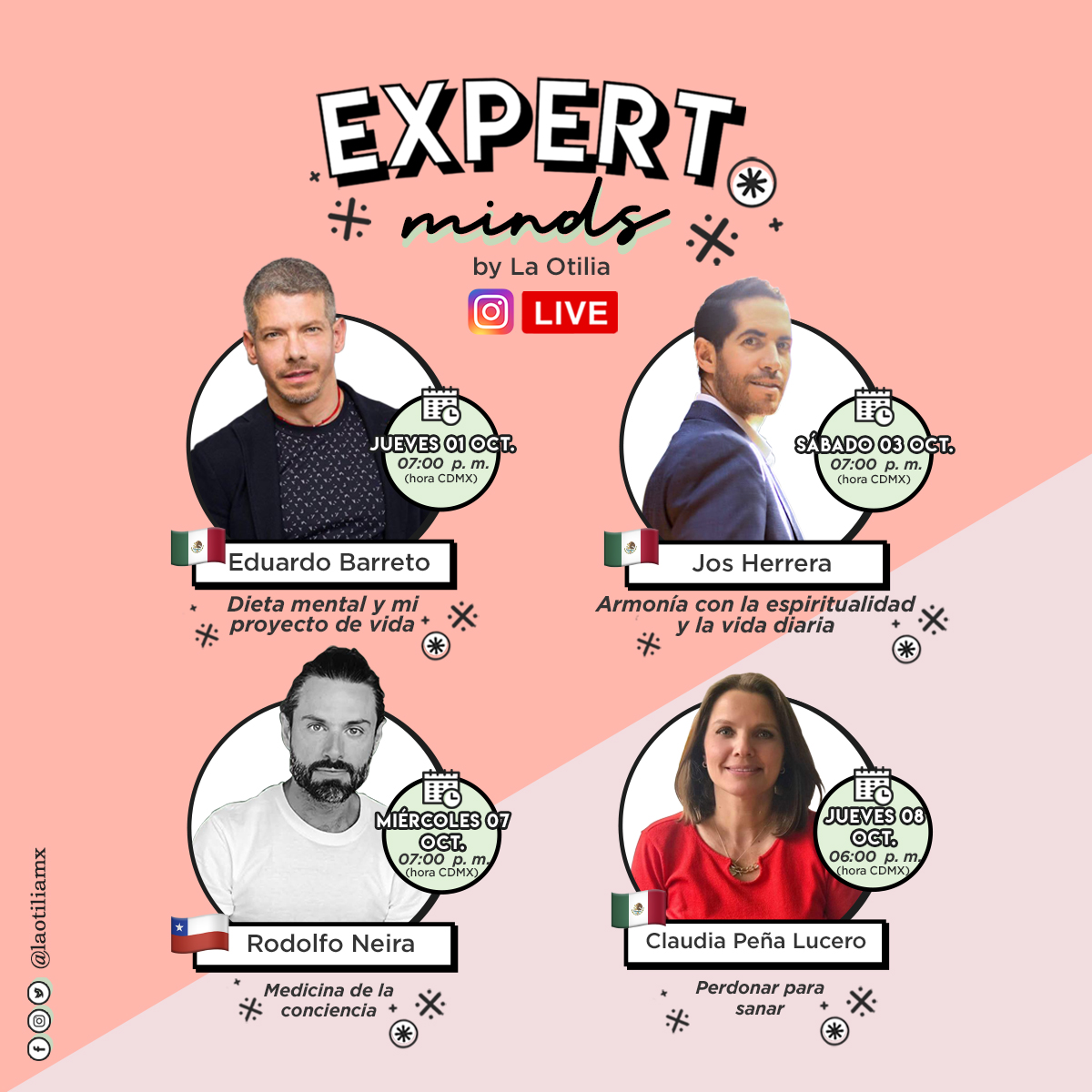 laotiliamx's tweet photo. Estoy contenta de compartir con ustedes los nuevos temas que tendremos en nuestras ponencias con personas increíbles que nos estarán brindando información de mucho valor 🤩
#ExpertMind #LaOtiliaMx https://t.co/x6EeW80h5u