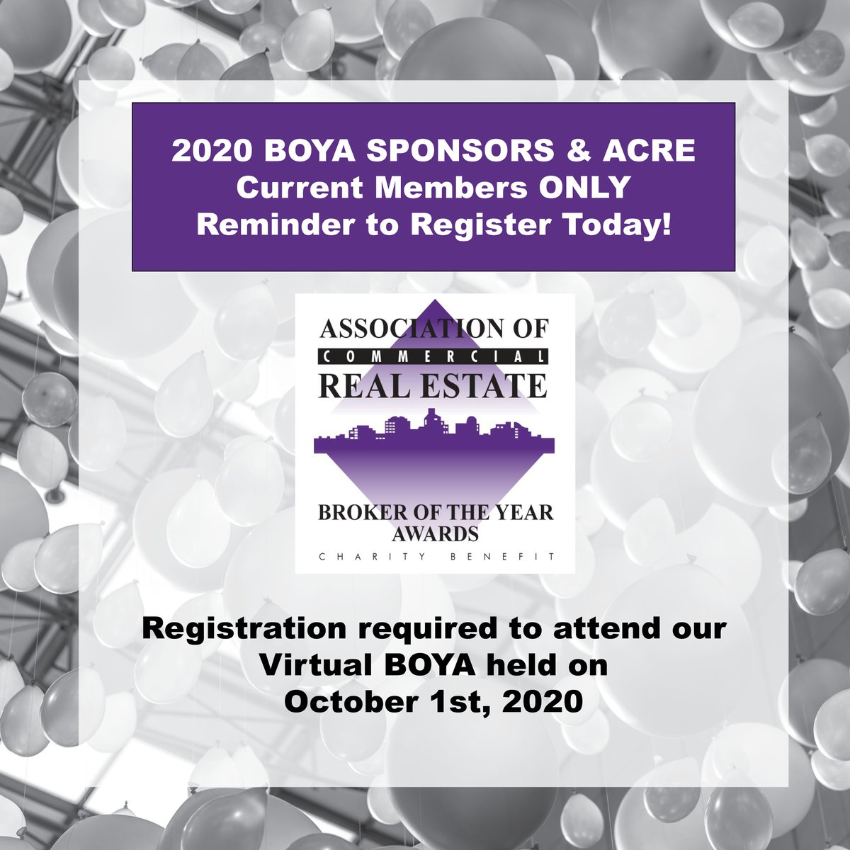 ATTN: 2020 BOYA SPONSORS &amp; CURRENT ACRE MEMBERS!
Join us Thursday, October 1st for our Virtual BOYA Event! Registration is required  - links to registration were sent to 2020 BOYA sponsors and all paid &amp; current ACRE members earlier this week. 
Thanks for your support of ACRE!