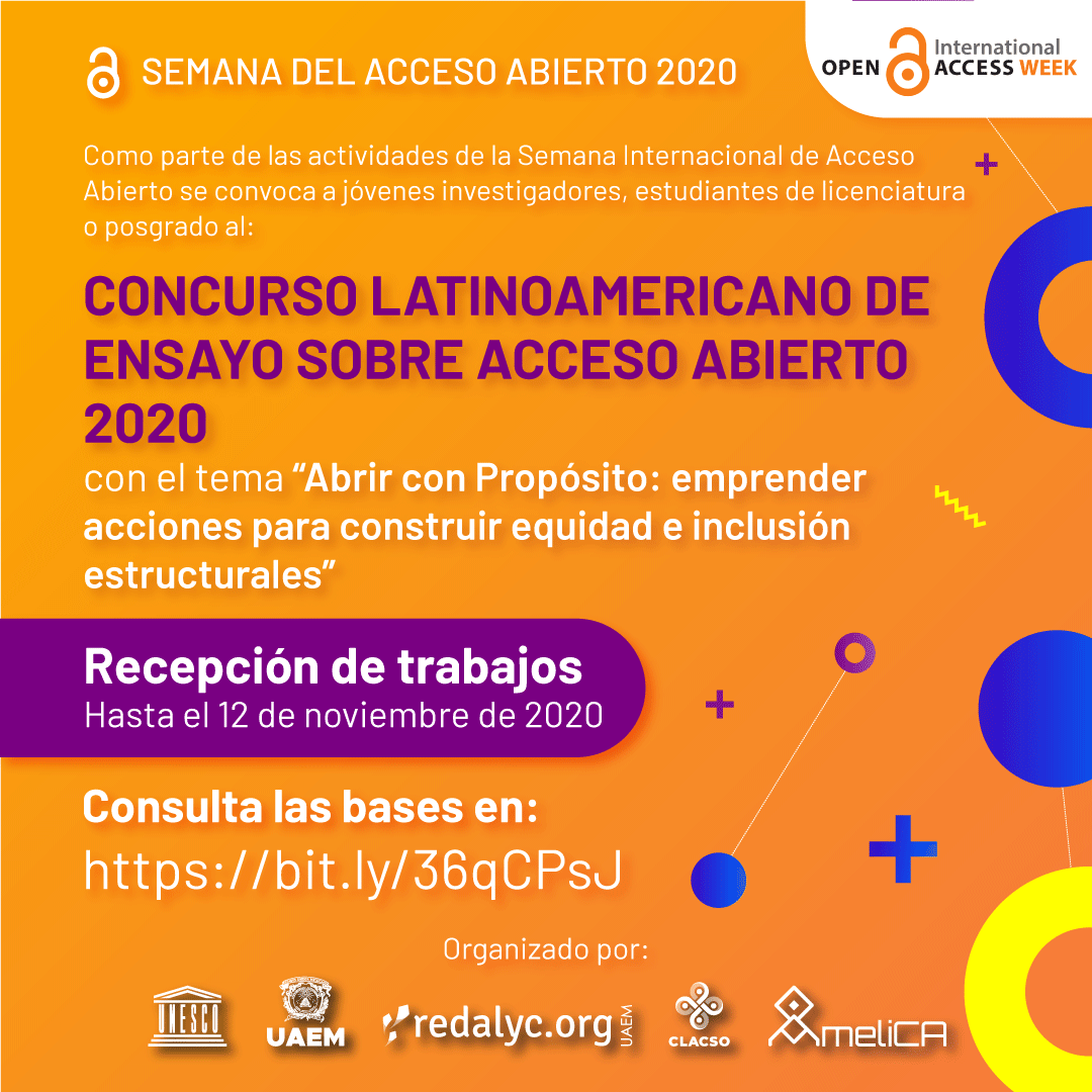 Redalyc's tweet photo. Concurso Latinoamericano de Ensayo sobre Acceso Abierto 2020 “Abrir con Propósito: emprender acciones para construir equidad e inclusión estructurales”
@UNESCO @_CLACSO 

Dirigido a jóvenes investigadores, estudiantes de licenciatura o posgrado.
#OAWeek 
https://t.co/BUgeoJRyOZ https://t.co/vvFbz4kcK6