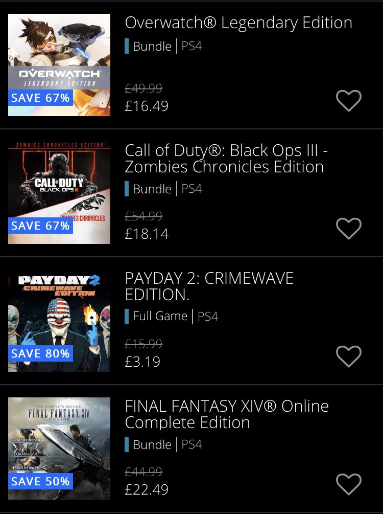 TabbyLoaf's tweet photo. Highlights #TheWitcher3 £7.49 #Overwatch£16.49 and #FarCry5 £10.49 #Payday2 £3.19 for me @PlayStationUK #Gamesofageneration #Sale great time to top up the digital back catalogue using that discounted currency for some extra savings https://t.co/t4g0jUYmgN