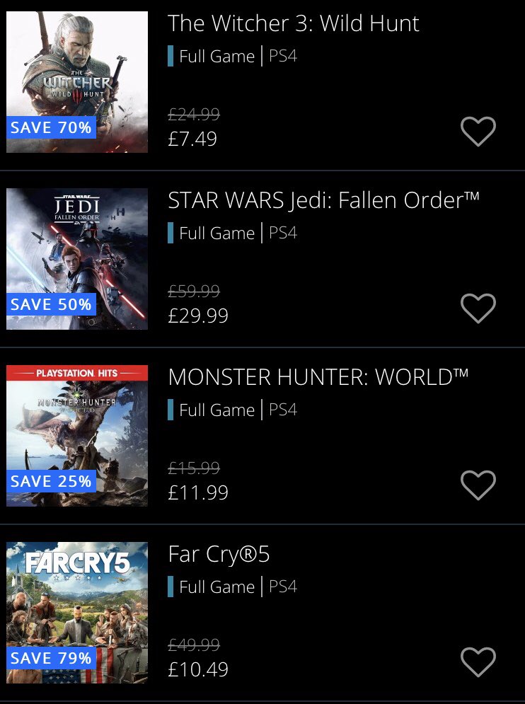 TabbyLoaf's tweet photo. Highlights #TheWitcher3 £7.49 #Overwatch£16.49 and #FarCry5 £10.49 #Payday2 £3.19 for me @PlayStationUK #Gamesofageneration #Sale great time to top up the digital back catalogue using that discounted currency for some extra savings https://t.co/t4g0jUYmgN