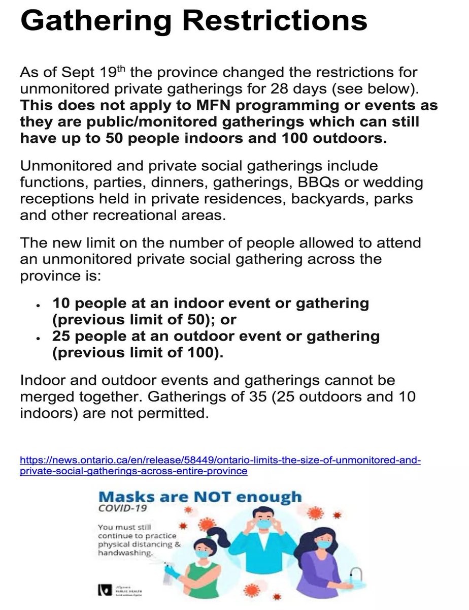 MichipicotenFN's tweet photo. Please be mindful of the new gathering restrictions which have come into effect as of September 19th. This does not apply to #MFN programming or events as they are public/monitored gathering which can still have up to 50 people indoors and 100 outdoors. https://t.co/lhi8MIjEmW