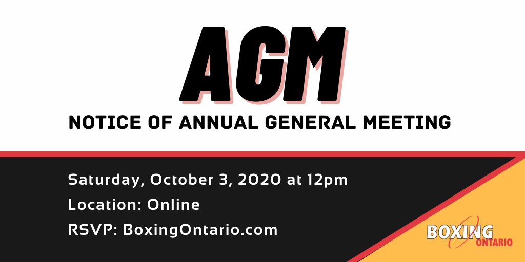 BoxingOntario's tweet photo. Calling all Boxing Ontario members! We look forward to seeing you and sharing important updates at the 2020 Annual General Meeting on Saturday, October 3rd. For more information and to register, visit https://t.co/hIrCrxugcZ https://t.co/QIKy84YVVY