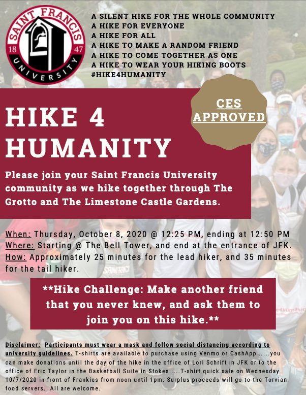 SFUathletics's tweet photo. Join your SFU family on the second #Hike4Humanity on Oct. 8 at 12:25 p.m. at the bell tower! Challenge yourself to bring a new friend! 

👕 info below⬇️

#FlashFamily #8days #October8th https://t.co/7d3uBxsrl5