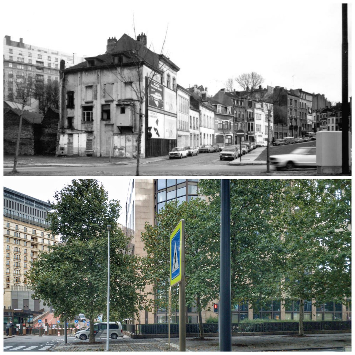 Rue de la Verveine in the 1970s and its position now, long since gobbled up by whatever that building is. Résidence Palace on the left.