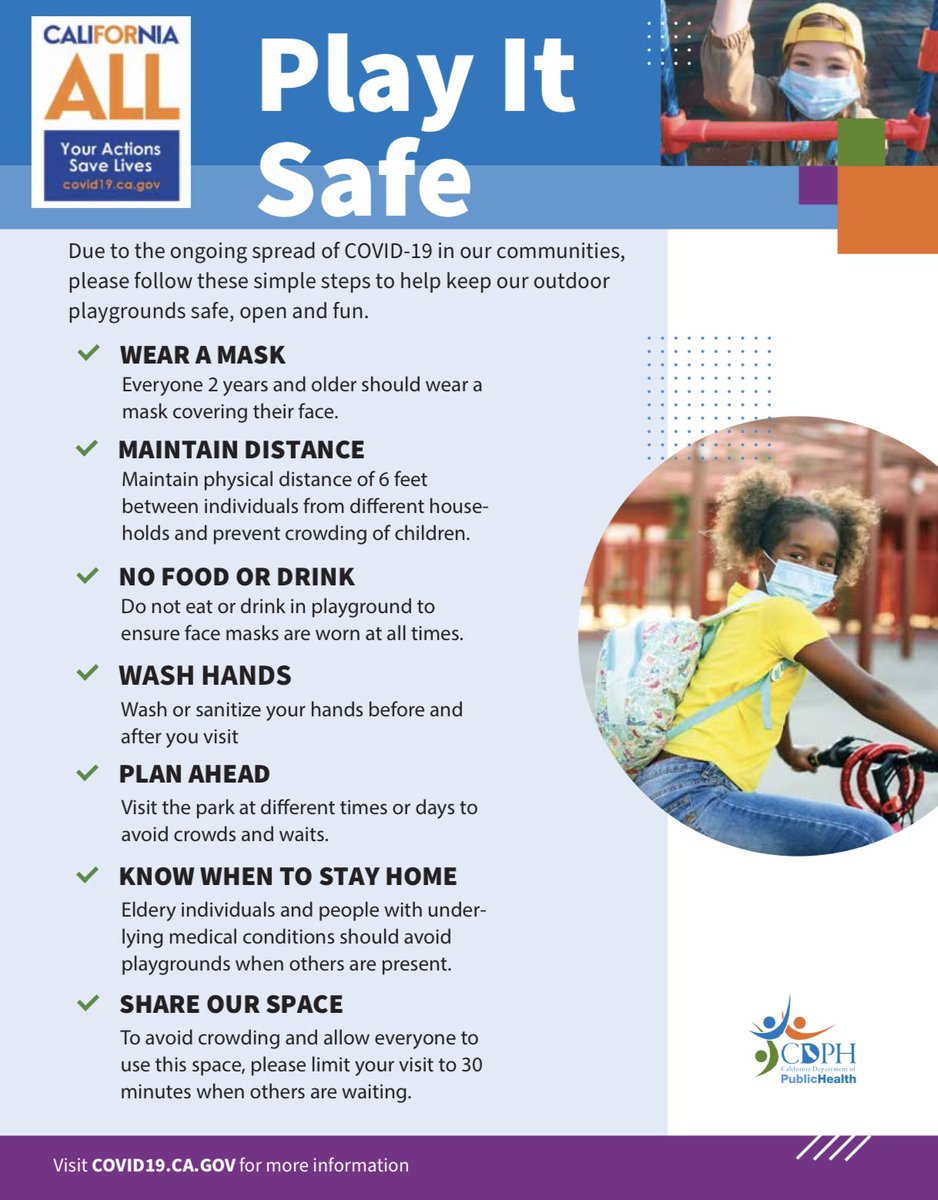 Playgrounds are reopening in La Mesa due to an update in State guidance!  We are working to get city playgrounds reopened before the weekend.
Please abide by capacity guidelines posted at each site along with all other aspects of the current County Health Order.
#LivableLaMesa