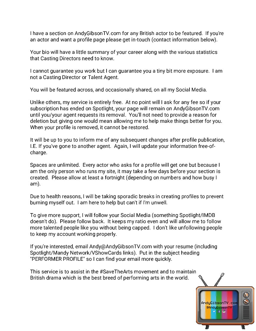 AndyGibsonTV's tweet image. I've not had any more takers to be included in my #TalentRoster - which is a #FreeDatabase for #BritishActors - since September.
I have members such as @What_A_Malarkey, @PaulCulshaw1983, @JohnCraggsActor and more. 
If you wish to be included, please see below image for details.