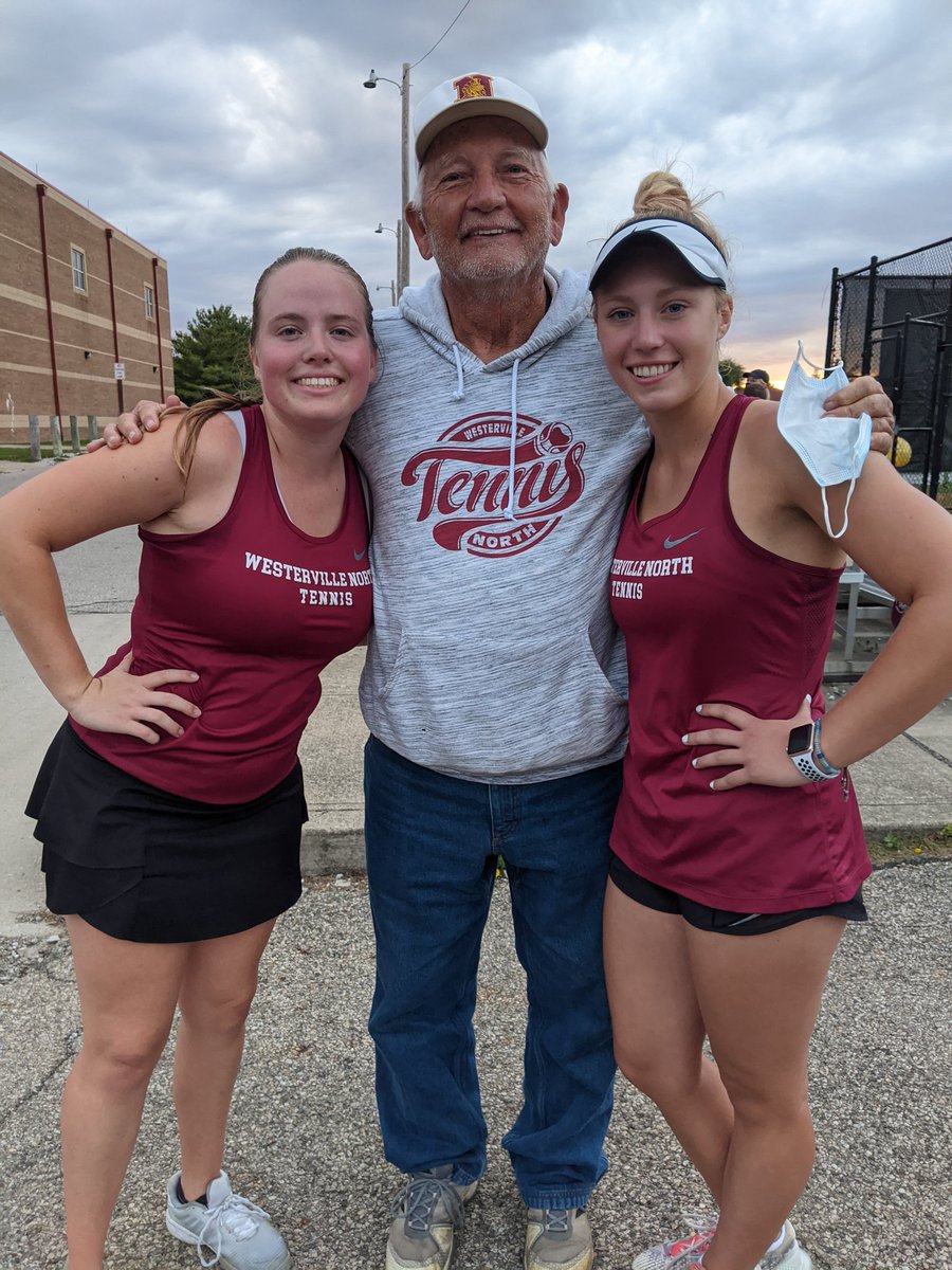WNHSGirlsTennis's tweet photo. Nice win on senior night for our first (Aubrey) and third (Emma) singles!  Coach Max is very happy.   #ALLN https://t.co/PuiwVuL2jN
