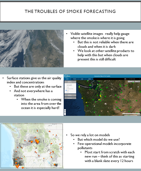 NWSSeattle's tweet photo. Forecasting smoke is really hard! Especially when it is coming in from the coast. So here is a little information on why it is so hard. We incorporate satellite data, air quality sensors, models, and experience to come up with a forecast. So here it is, we anticipate ?s. #wawx https://t.co/63WO0mdfgN