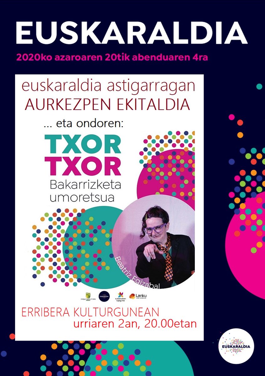 BIHAR (ostirala, urriak 2) aurkeztuko dugu Astigarragako <a href="/Euskaraldia/">EUSKARALDIA</a>. 

Ondoren, Beatriz Egizabal (<a href="/feeatriz/">featriz</a>) izango dugu #txortxor bakarrizketa umoretsuarekin: "Euskaldunon hizkuntza ohituren inguruko barre-algarak".

Erribera kulturgune berrian, 20.00etan eta doan. 

Zatoz!