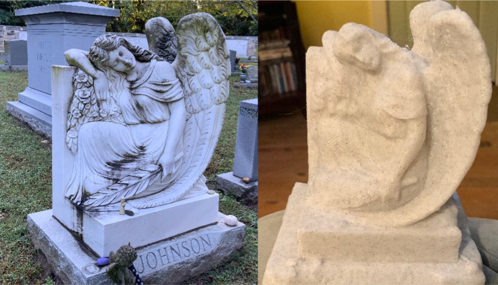 VCLatVCU's tweet image. Grave marker I 3-D scanned this morning and its 3-D printed replica I made this afternoon #virtualcurationlab