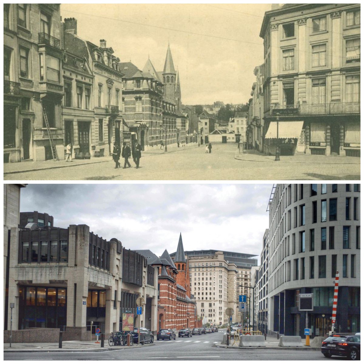 Rue Van Maerlant from rue Belliard, pre-WW1 and today. What a whale Résidence Palace must have seemed when it was planted in this very old-fashioned and low-rise neighborhood in the mid-1920s.