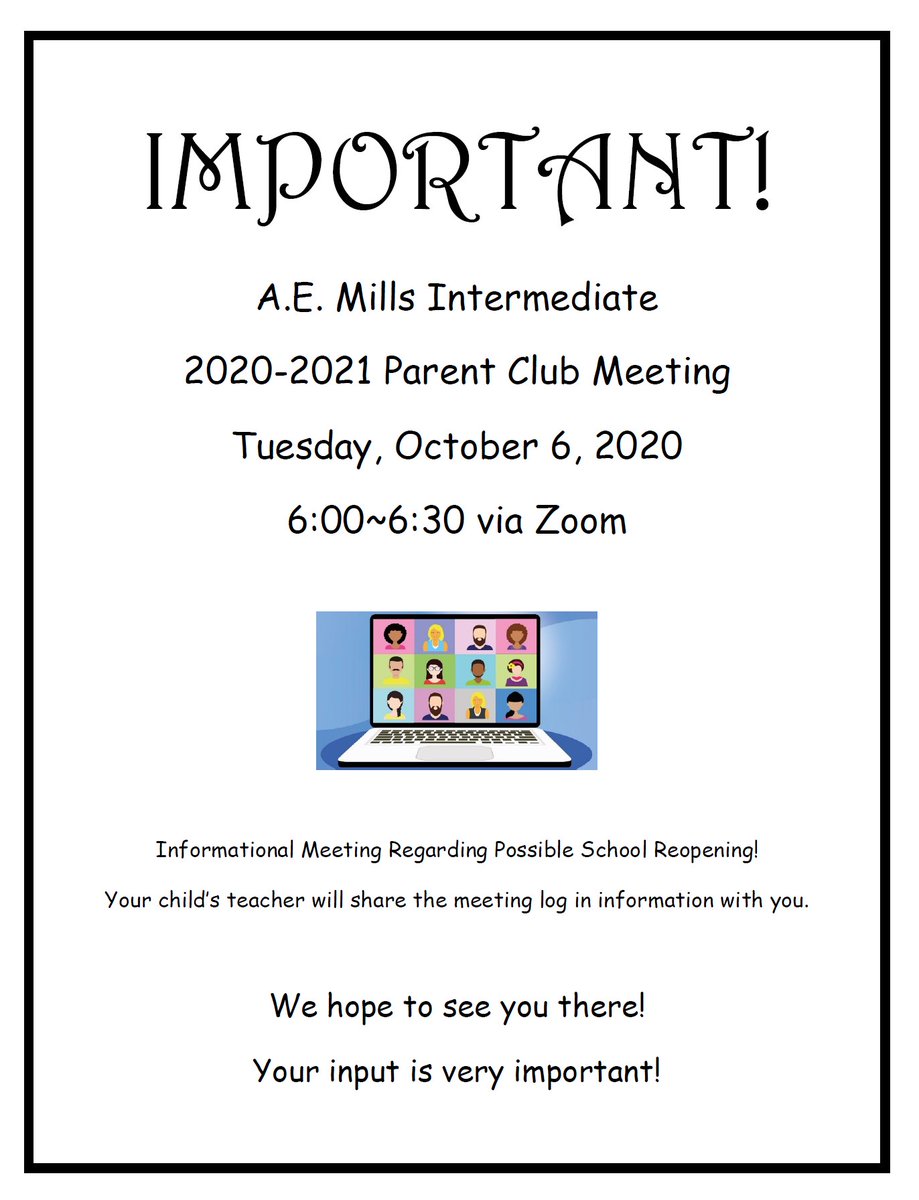 millsinter's tweet image. Mills Hawks Parents - please join us for an important Parent Club Meeting next Tuesday, October 6th at 6:00 pm on ZOOM.  Your child's teacher will be giving out the link to the ZOOM meeting. Discussing possible school reopening and need your input. #fldusd #millsinter #supfreitas