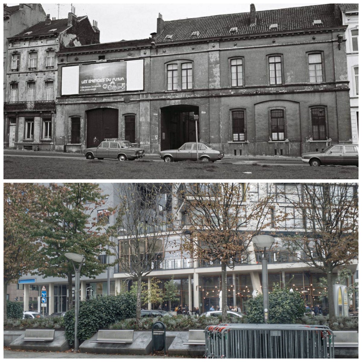 Top, rue Juste Lipse, 1980. Bottom, east side of place Jean Rey today. Exact same place. Most of rue Juste Lipse, to the left, is under today's Juste Lipse building. They kept the snazzy name for the new road cut between rue Froissart and Jean Rey, if you get me. Confusing.