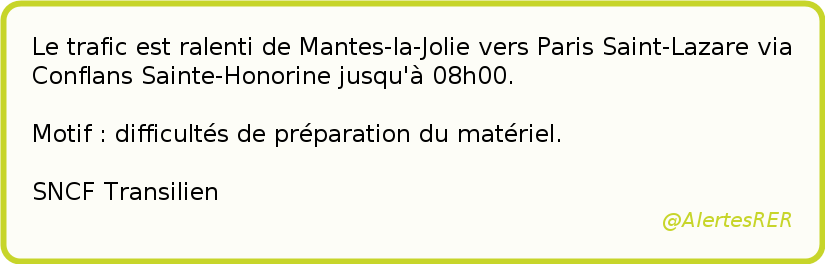 Alertes Sncf Transilien On Twitter Difficultes Lors De La Preparation Du Train Ligne J Mantes Via Conflans St Lazare Ralenti De Mantes La Jolie Vers Paris Saint Lazare Via Conflans Sainte Honorine