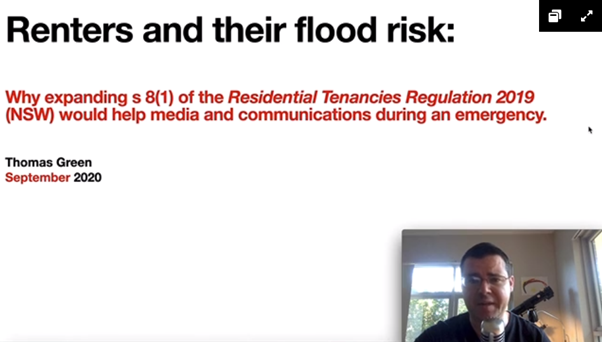 ANZDMC's tweet photo. Renters and Floods: Expanding the Residential Tenancies Regulation 2019 (NSW) Helps Media During an Emergency. An enlightening presentation from Mr Thomas Green from @NSWSES #DEMC #ANZDMC https://t.co/qOf1iLZEr0