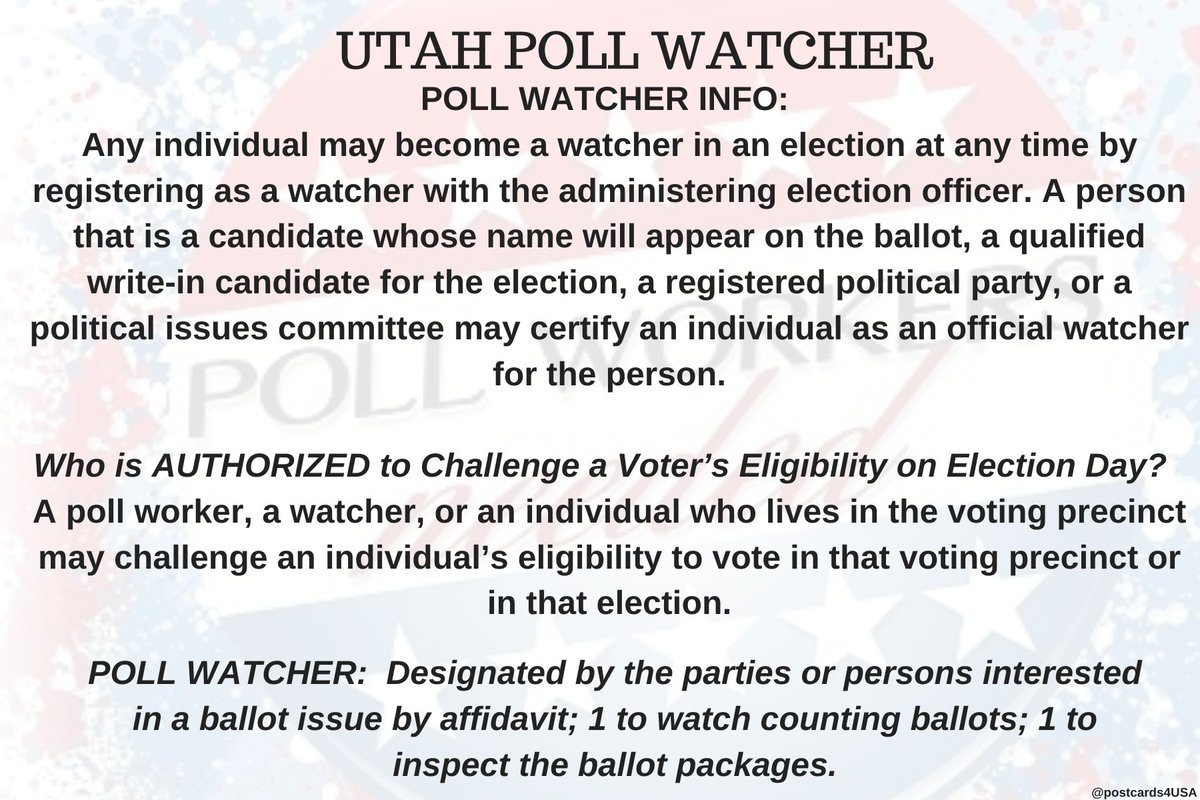 UTAH Poll Watcher  #PollWatcher Who is AUTHORIZED to Challenge a Voter’s Eligibility on Election Day? A poll watcher, or an individual who lives in voting precinct may challenge an individual’s eligibility to vote.*Utah is almost entirely  #VoteByMail nowTHREAD
