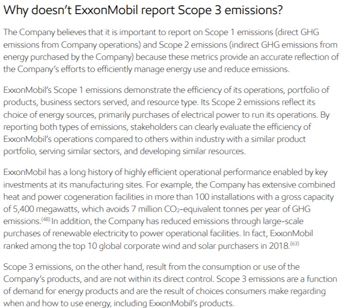 And some companies just don't report the numbers at all.Exxon Mobil gives a wordy explanation that they don't report Scope 3 because it's none of their business whether their customers burn their petroleum or, I dunno, bathe in it?  https://corporate.exxonmobil.com/-/media/Global/Files/energy-and-carbon-summary/Energy-and-carbon-summary.pdf