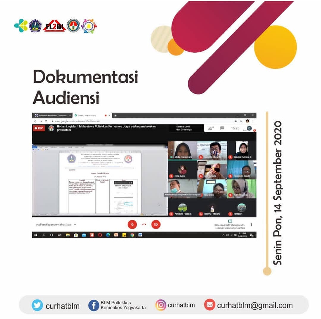 CurhatBLM's tweet photo. [ Audiensi Layanan Mahasiswa]
Audiensi terkait layanan mahasiswa Poltekkes Kemenkes Yogyakarta telah dilaksanakan pada Senin Pon, 14 September 2020 lalu. Kegiatan ini berguna untuk mengevaluasi dan meningkatkan layanan kepada seluruh mahasiswa di saat pandemi. https://t.co/po7CVVxkWC
