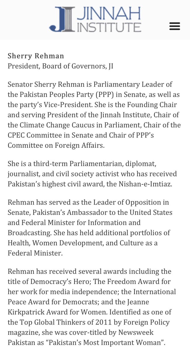 As per Jinnah Institute’s website Raza Rumi is still a Sr Research Fellow & JI is headed by serving the PPP Senator Sherry Rehman who is President & sits at Board of Governors while receiving these funds.How is it ethically or legally possible?/28 https://jinnah-institute.org/why-ji/team/ 