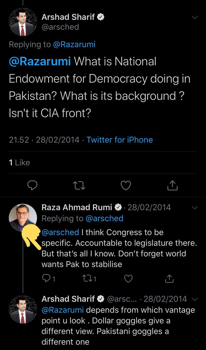 When a professional journalist Arshad Sharif asked Raza Rumi “what is National Endowment for Democracy doing in Pakistan..isn’t it a CIA front”See below, how conveniently Mr Raza Rumi the founding editor of Naya Daur Media proclaimed his limited knowledge on the subject:/21