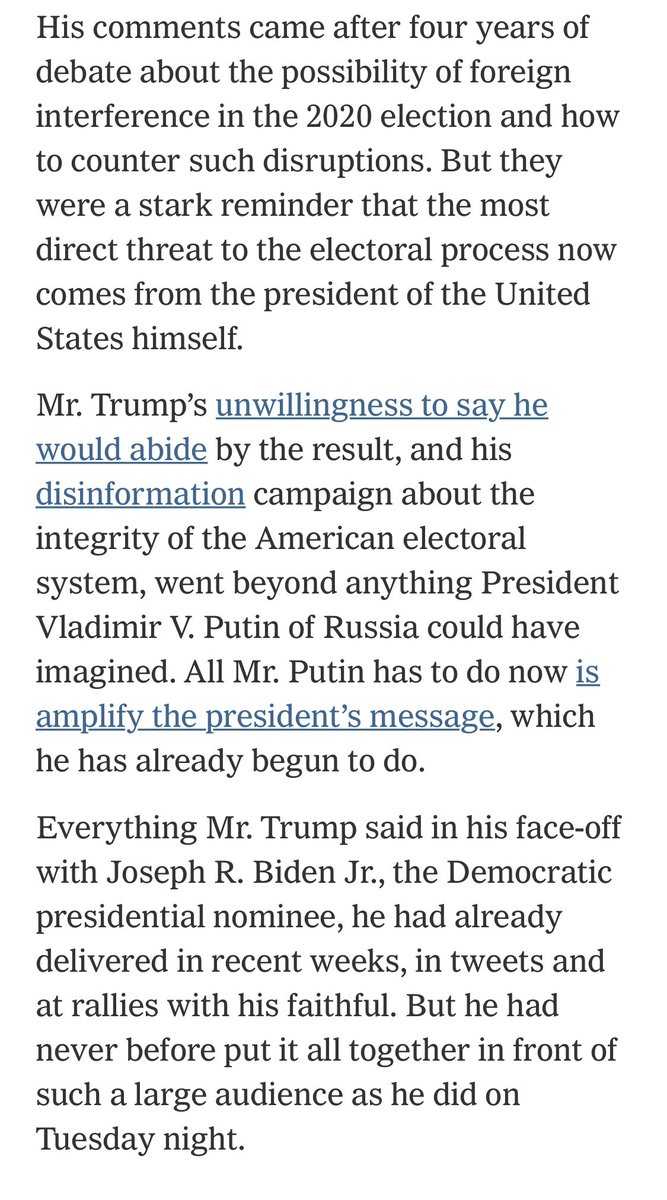 “Taken together, his attacks on the integrity of the coming election suggested [the United States of America] now faces the gravest challenge in its history to the way it chooses a leader and peacefully transfers power.”- @SangerNYT  https://www.nytimes.com/2020/09/30/us/politics/trump-debate-election.html