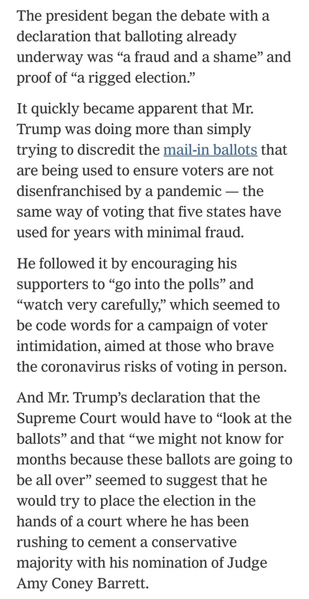 “Taken together, his attacks on the integrity of the coming election suggested [the United States of America] now faces the gravest challenge in its history to the way it chooses a leader and peacefully transfers power.”- @SangerNYT  https://www.nytimes.com/2020/09/30/us/politics/trump-debate-election.html